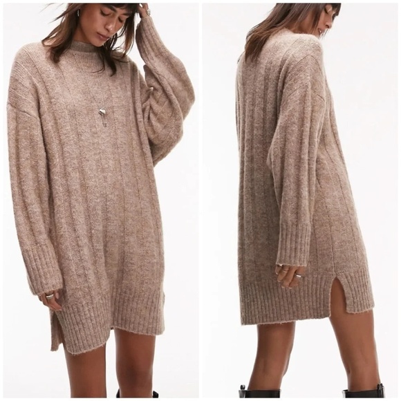 Topshop Dresses & Skirts - Topshop Women's XS Beige Oversized Funnel Neck Wide Rib Mini Dress Long Sleeve